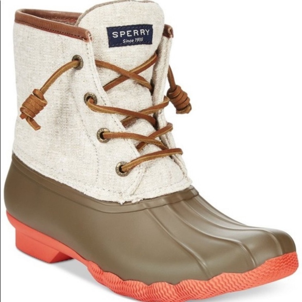 Sperry linen duck boot, coral bottom